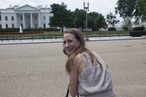 Journalist Karen Mawdsley captures images outside the White House.